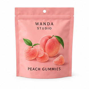 Fictional peach gummy snack packaging