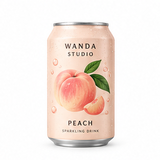 Fictional peach sparkling drink packaging